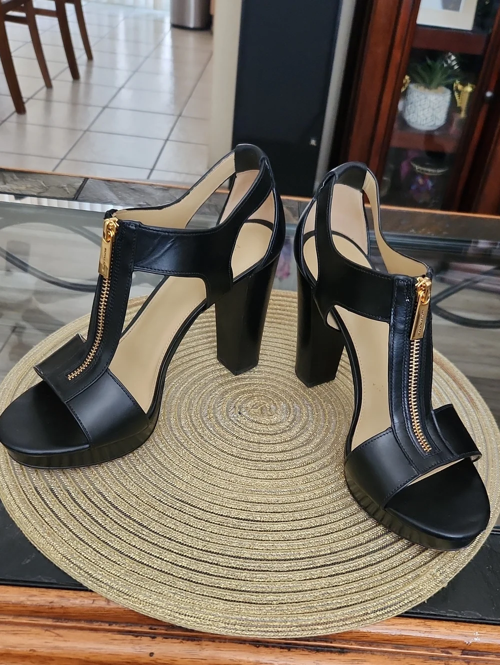 Michael Kors Berkley Black Leather T-Strap Platform Heels with Gold Zip Size 9.5